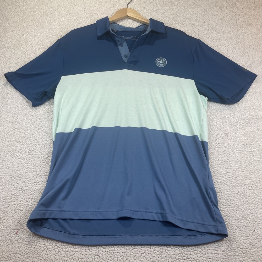 Under‎ Armour Polo Mens Large Blue Mint PGA 1916 HeatGear Colorblock Golf Shirt